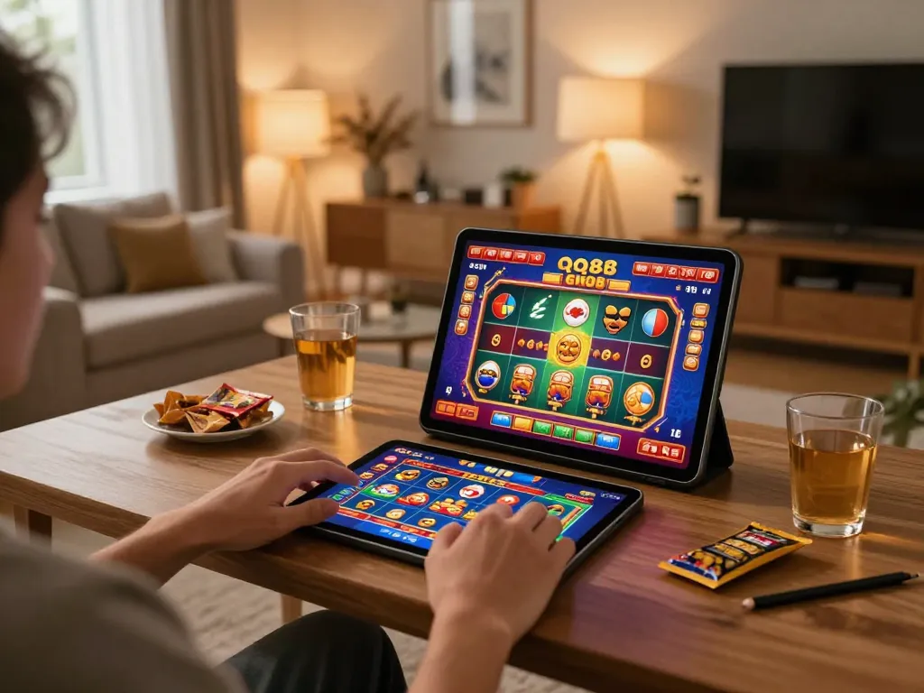 Engaging in qq88 online casino gaming from a cozy home setup with vibrant visuals and friendly atmosphere