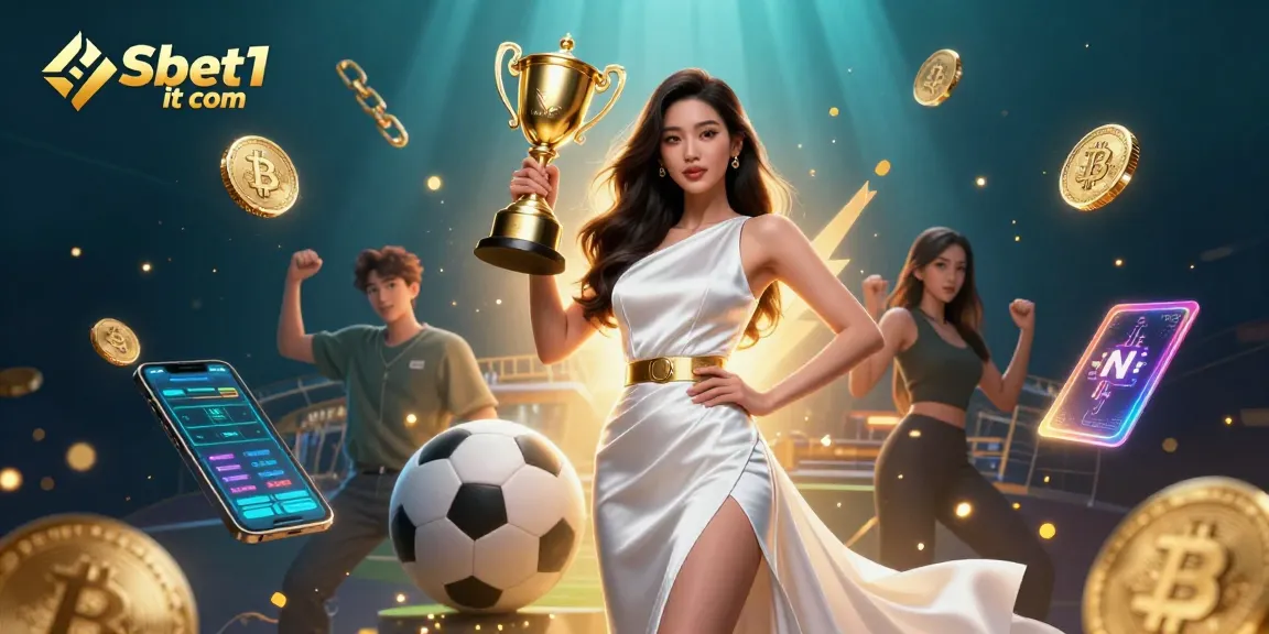 Experience the excitement at Shbet1 it com with a stunning illustration of a victorious Asian woman holding a trophy amidst sports betting elements.