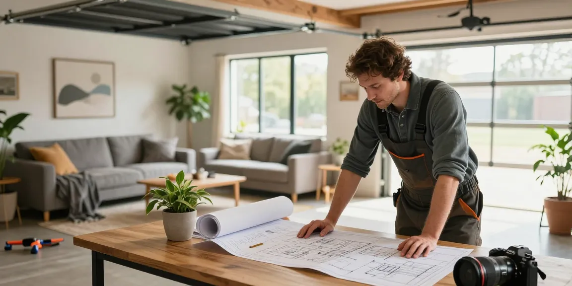 Garage conversion builder collaborating with homeowners in a beautifully designed transformed garage space.