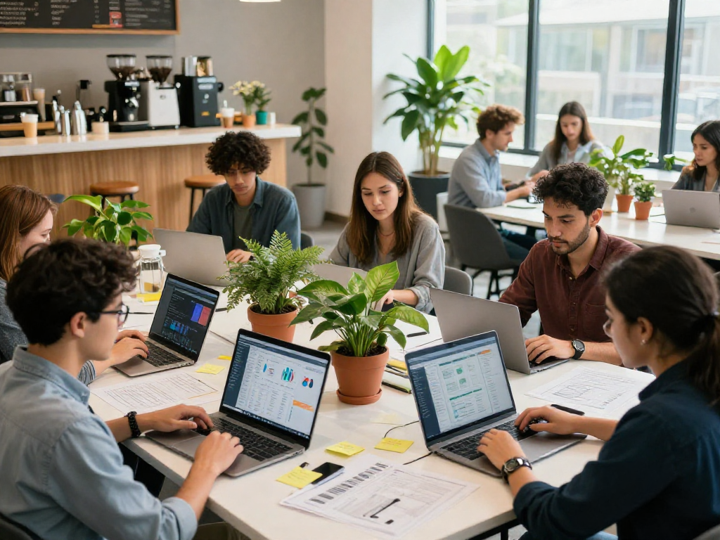 Dynamic scene of professionals collaborating in a modern coworking space, showcasing affordable online promotion strategies.