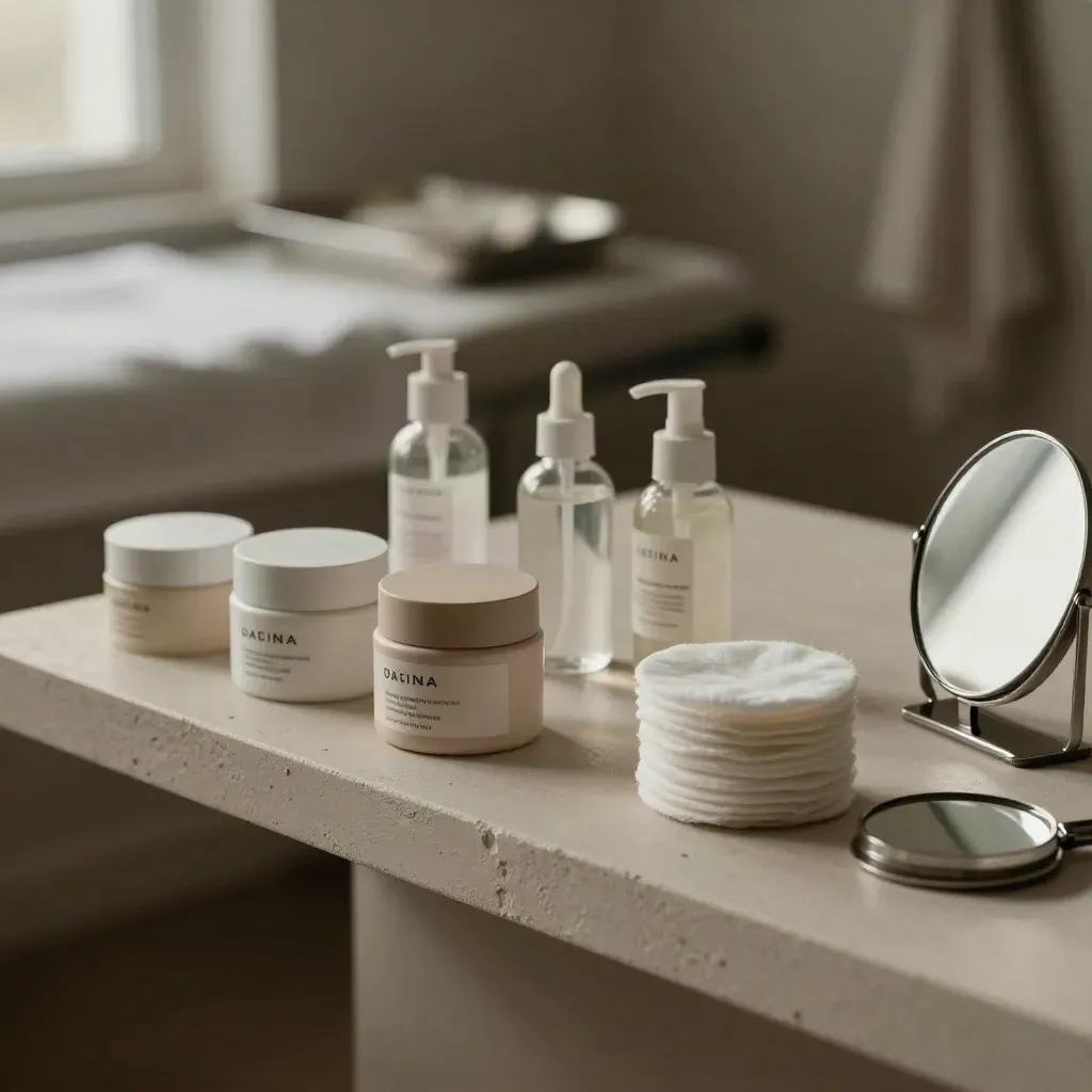 Skin consultation products on a shelf beside a mirror in soft daylight.