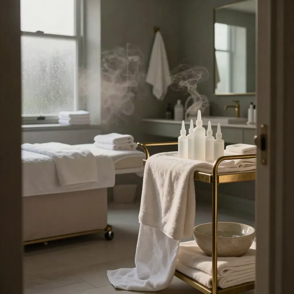 Moody facial suite with towels, serum ampoules, basin and brass trolley in soft morning haze.