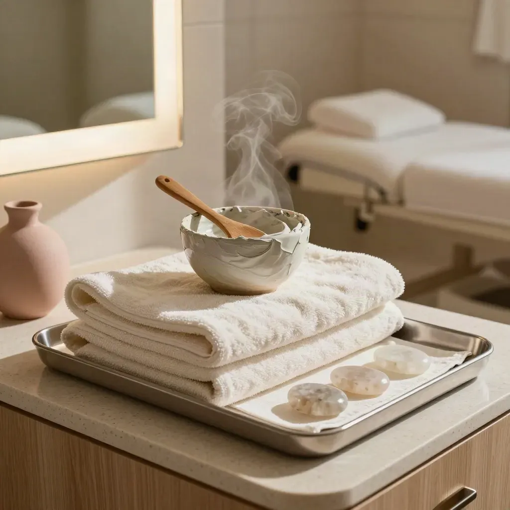 Hydrating facial tray with linens, mask bowl, towel cabinet and steam in a serene treatment room.