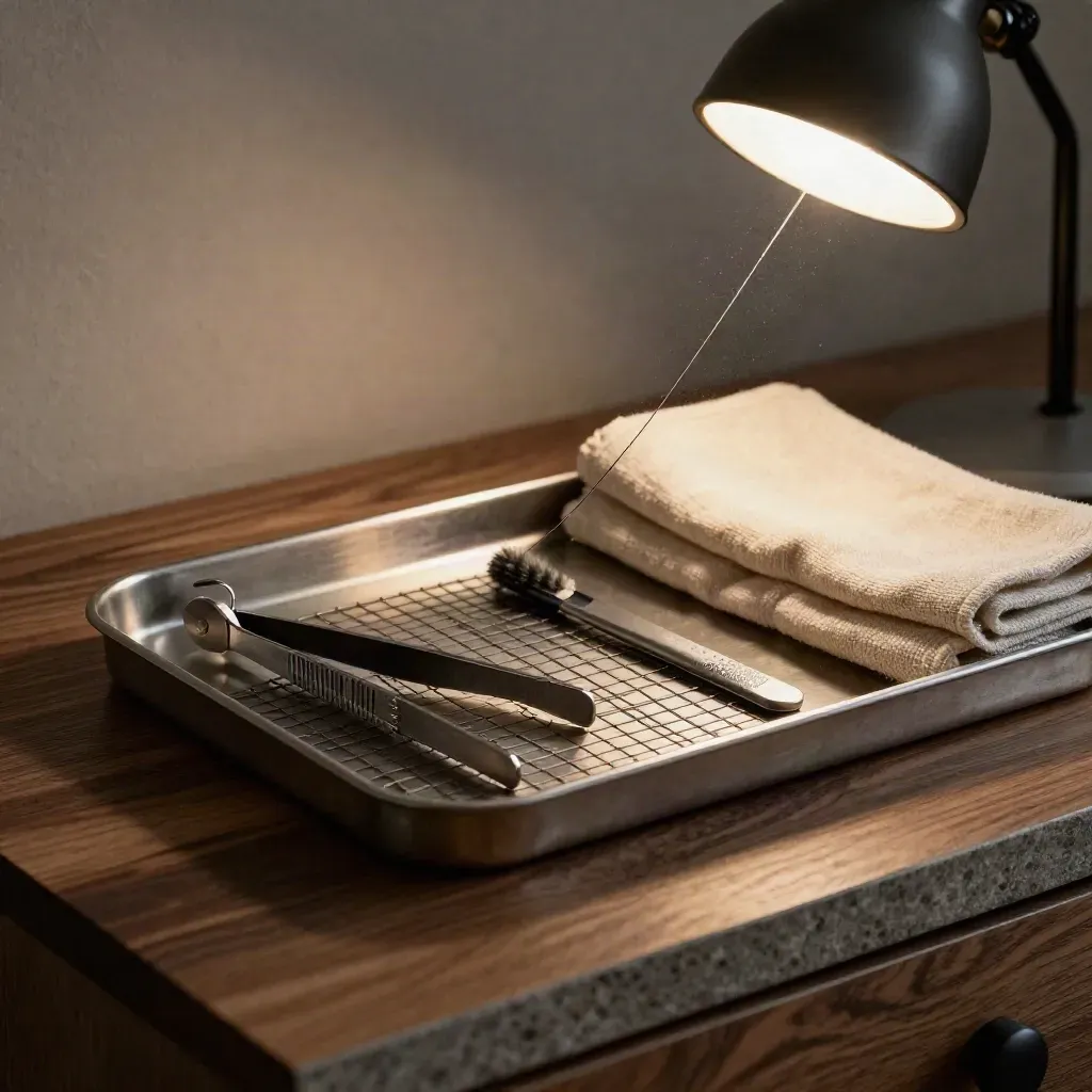 Brow shaping tools on linen under a warm lamp, with mapping thread arcing across the tray.