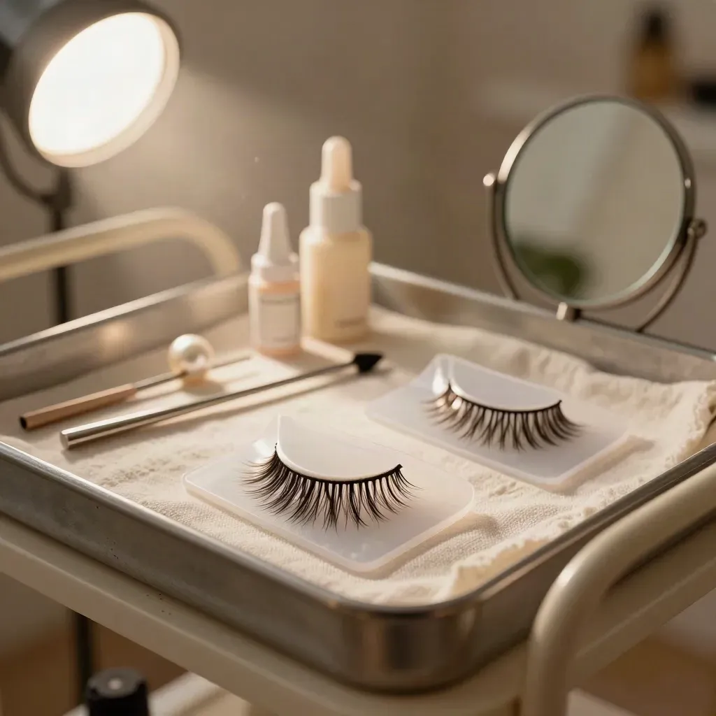 Lash lift tools with curled lashes on an ivory tray in warm salon light.