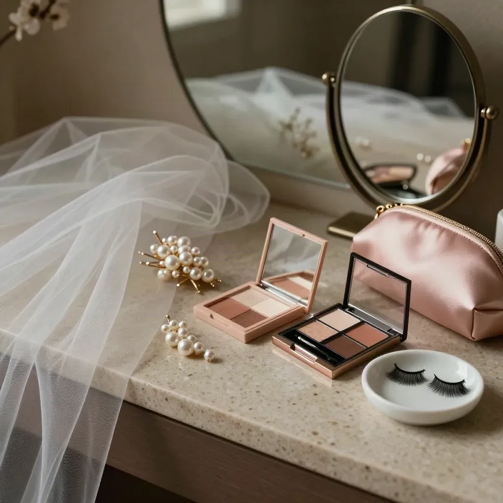 Bridal beauty items laid out on a travertine vanity beside a mirror and veil.