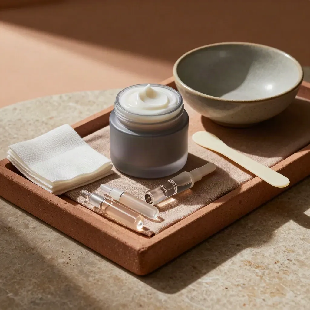 Top-down skincare tray with ceramide jars, ampoules, gauze pads and a ceramic bowl on stone.