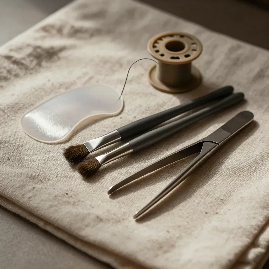 Eyelash lift shield, brow thread spool, spoolies and tweezers on pale linen in soft spa light