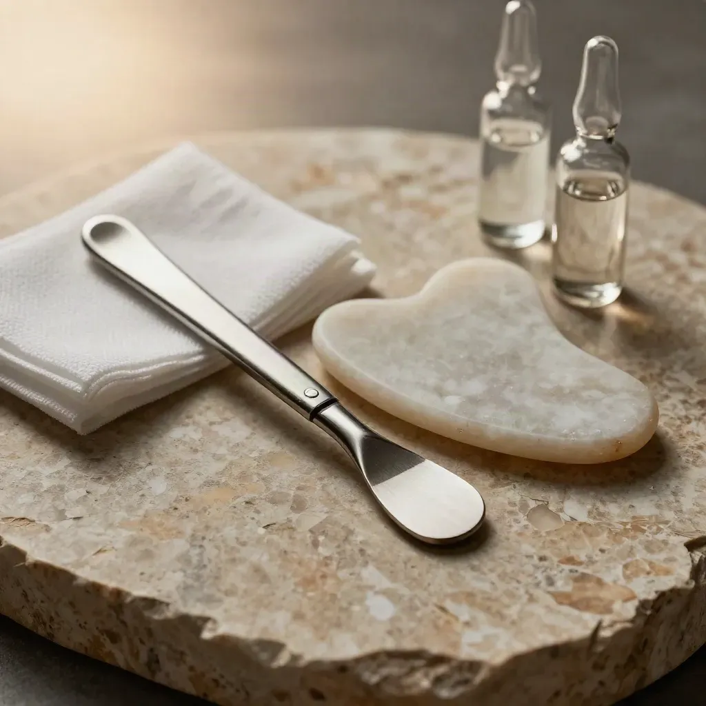 Macro still life of facial therapy tools on stone: spatulas, gua sha, gauze, serum ampoules