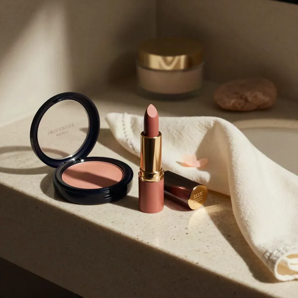 Soft glam makeup set on travertine with compact, lipstick and linen cloth