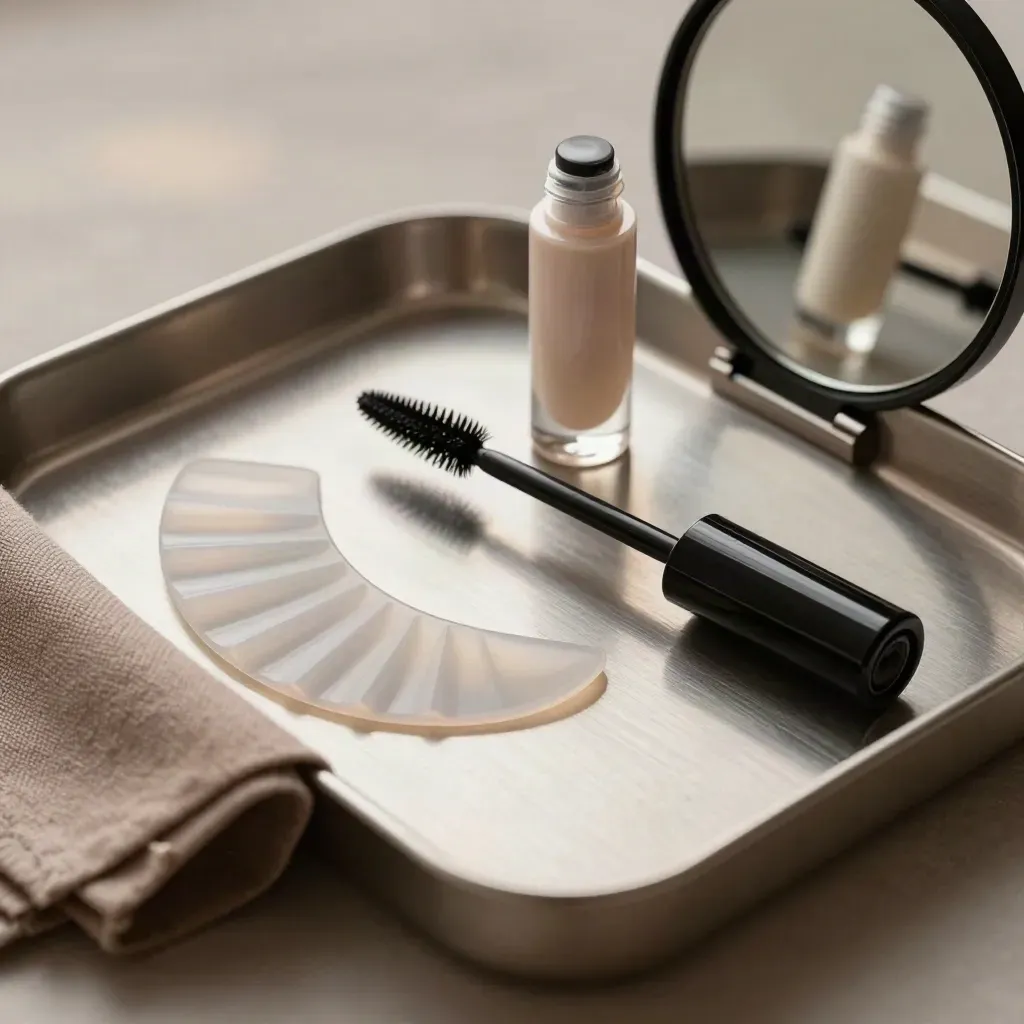 Macro lash kit with silicone shields, wand, serum bottle and mirror on a pewter tray.