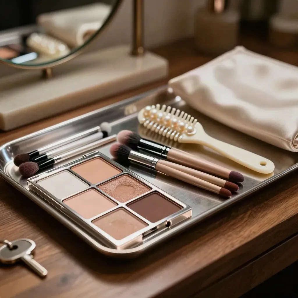 Bridal makeup tools on a metal tray: cream palette, lip brushes, lash trays, pearl comb and satin pouch.