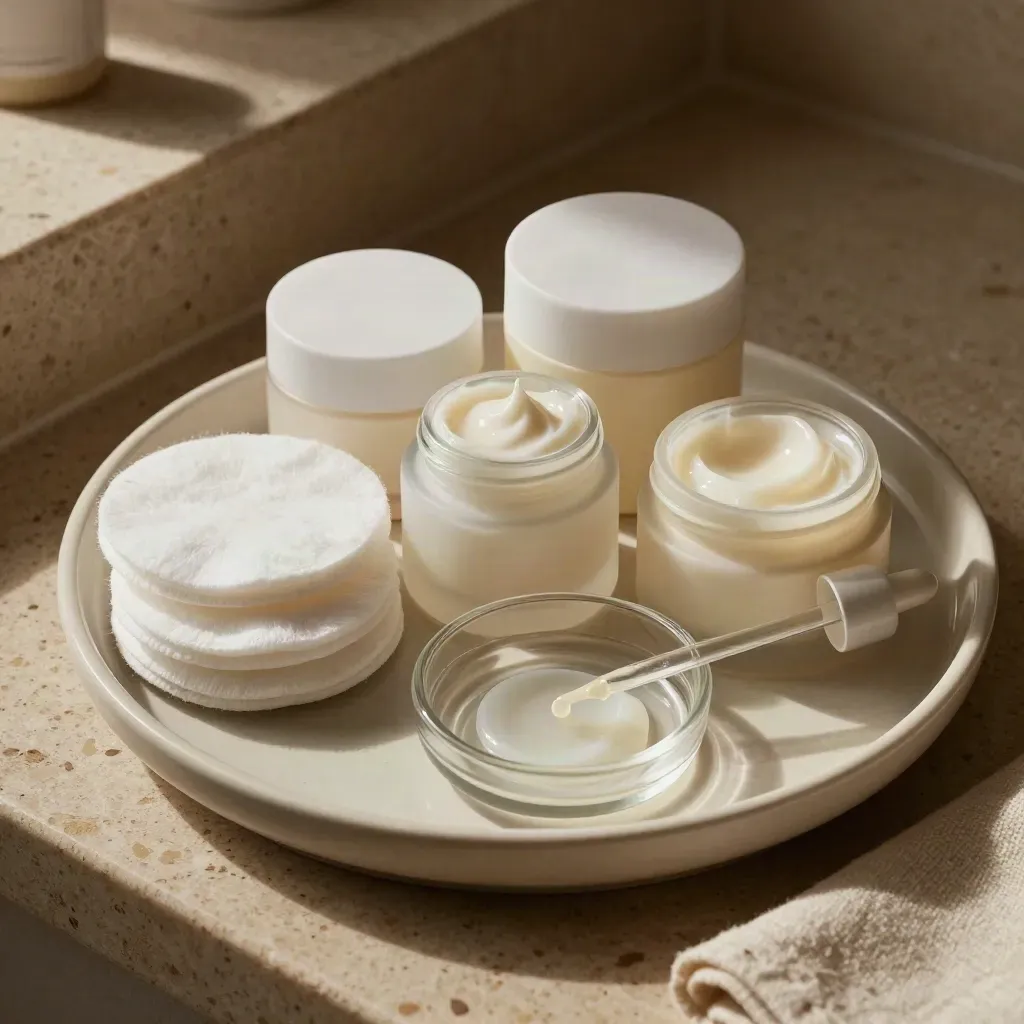 Skincare sample jars, cotton pads, glass dish and pipette on a ceramic platter