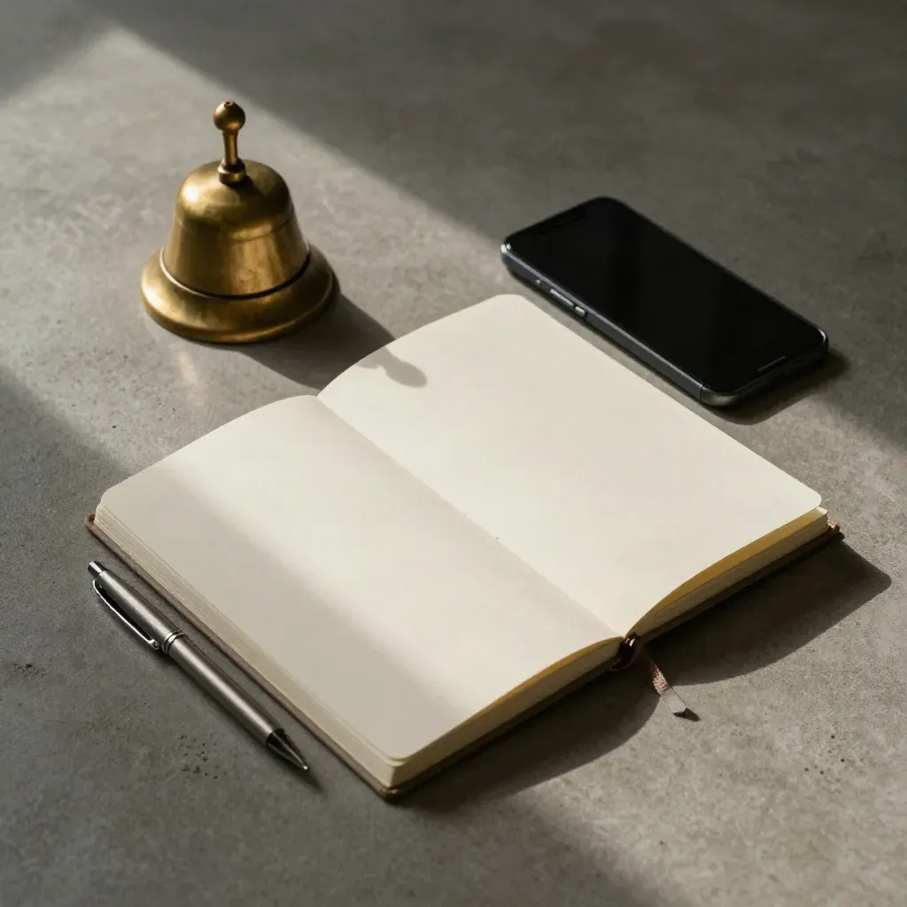 Brass desk bell, closed diary, phone stand, and pen on concrete in soft morning light.