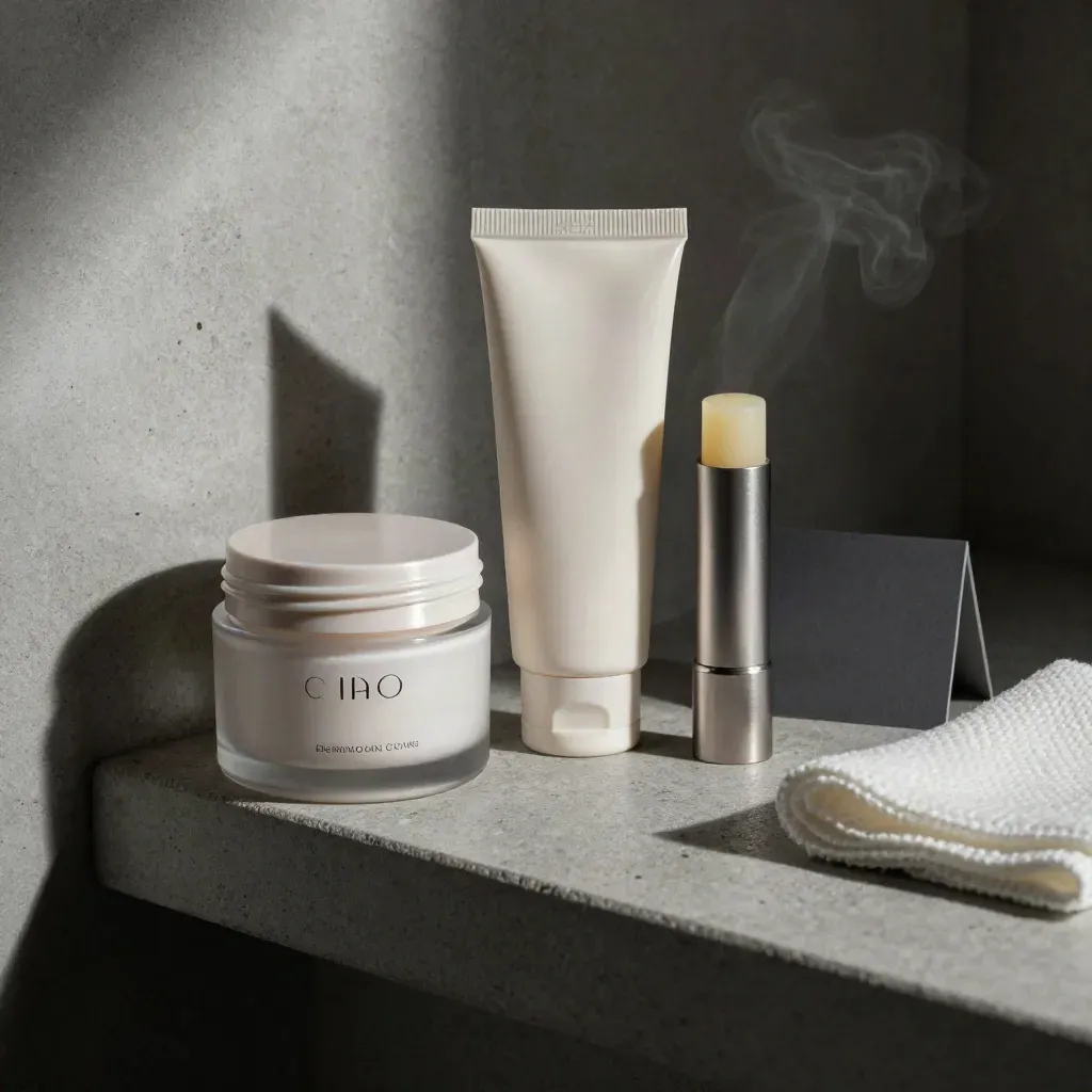 Hydrating cream jar, SPF tube, lip balm and gauze on a stone bathroom shelf