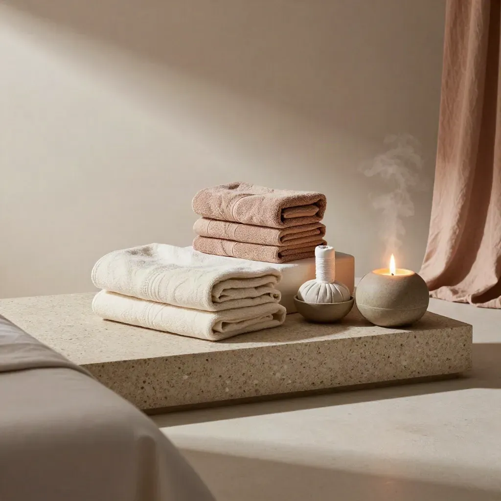 Treatment bed corner with towels, robes, ceramic bowl and diffuser mist on travertine.