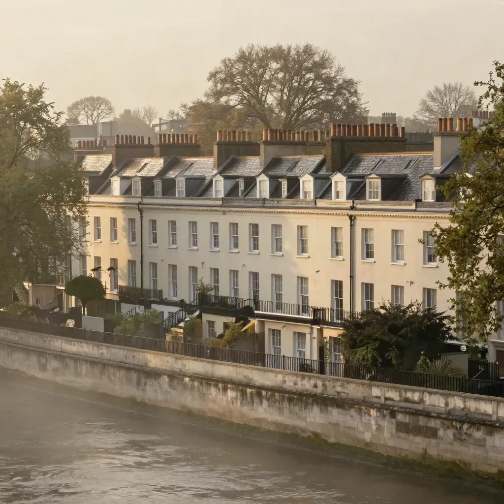 West London terrace roofs and pale stucco façades above misty riverside stone after spring rain