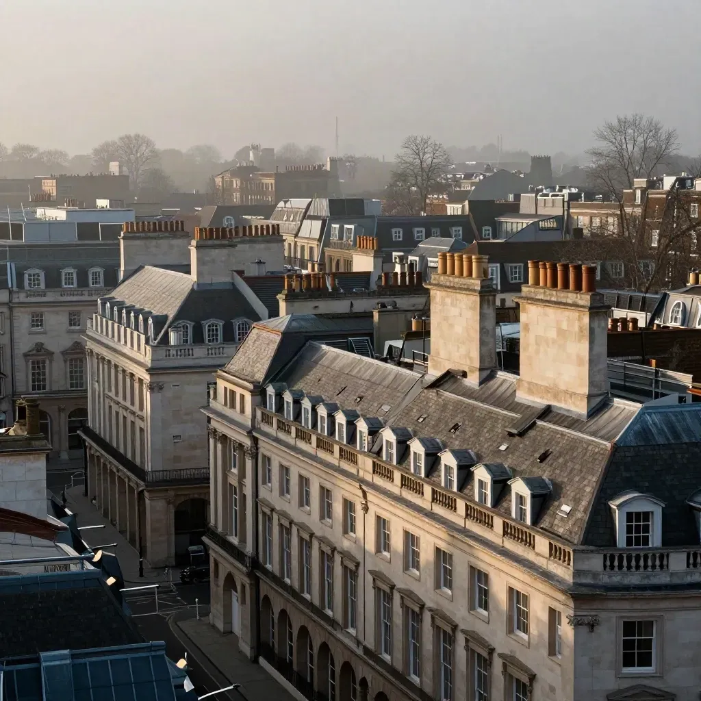 Central London rooftops in winter mist with warm light on limestone façades