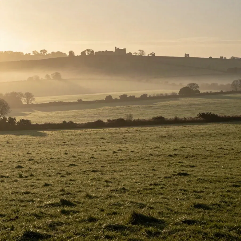 Surrey chalk hills and a distant manor above misty green fields at dawn