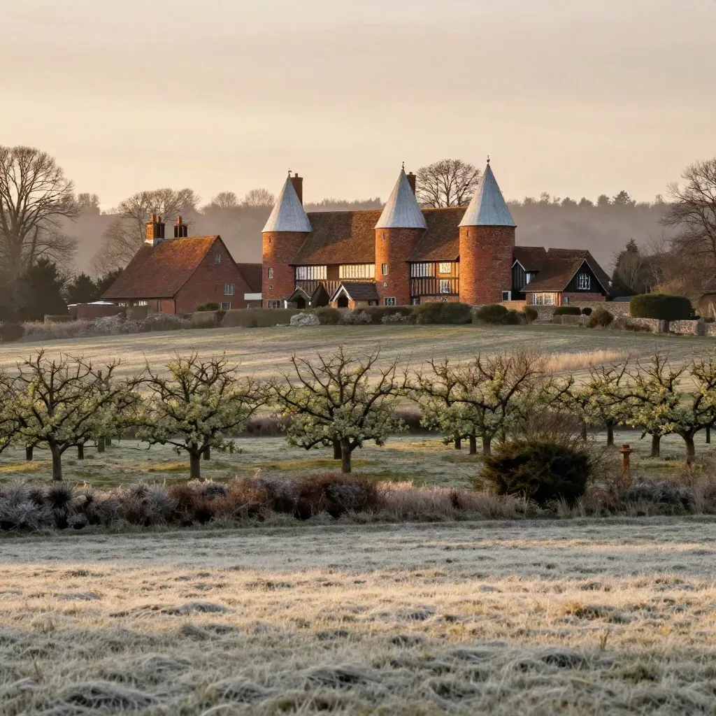 Kent oast houses above orchard rows in warm evening haze
