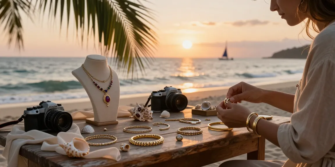 Showcase of modern heirloom jewellery against a serene seaside sunset, artisan polishing gold pieces.