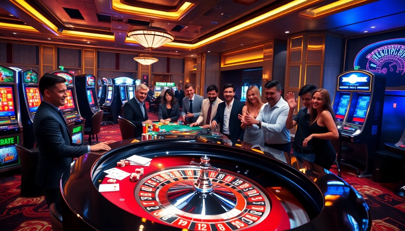 B8-themed roulette and poker table in a luxurious casino filled with vibrant atmosphere and excited players.