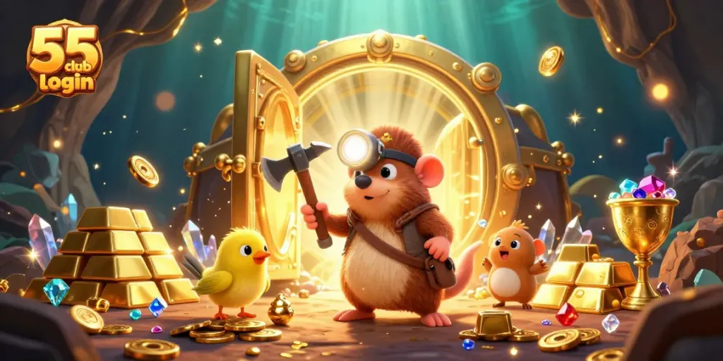 Experience seamless gameplay with 55 club login, featuring a treasure hunt scene with golden vaults and sparkling gems.