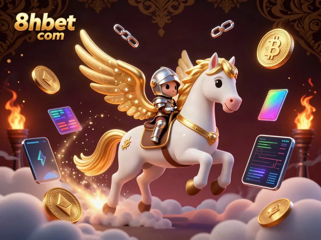 Experience the excitement of 8xbet com with an epic 3D illustration of a knight on a celestial horse amidst crypto-themed elements.