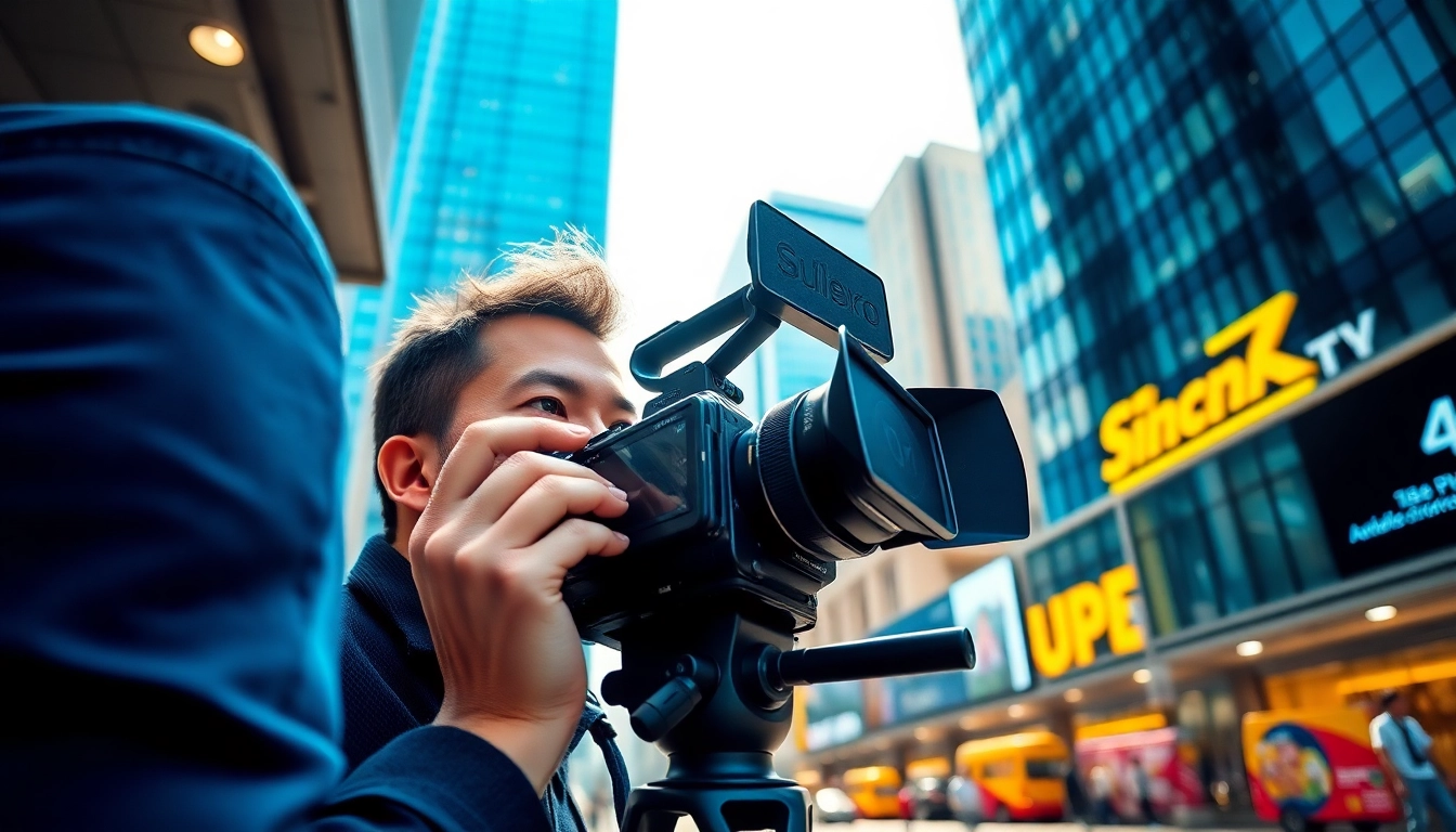 Engaging scene featuring a professional video production agency expert filming in an urban setting.