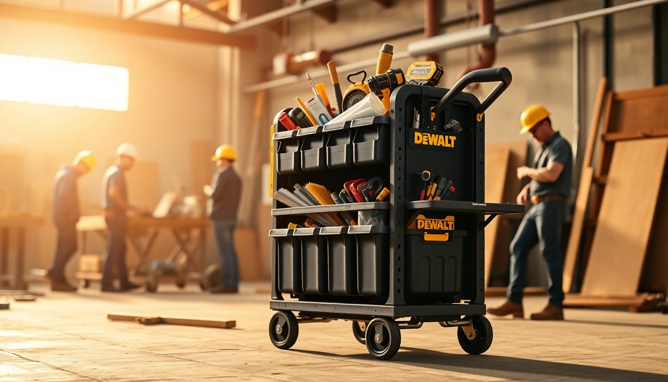 Efficiently organizing tools with DeWalt DWST1-71196 modular trolley in a workshop setting.