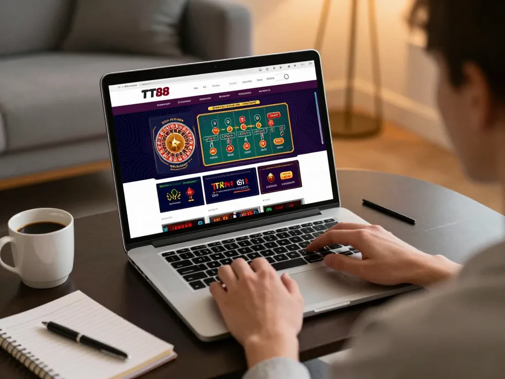 Engaging with tt88 homepage for online gaming experience while enjoying a cozy home atmosphere.
