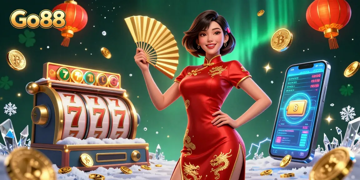 Engage with Go88 for thrilling casino experiences featuring vibrant Asian culture, slot reels, and glowing crypto elements.