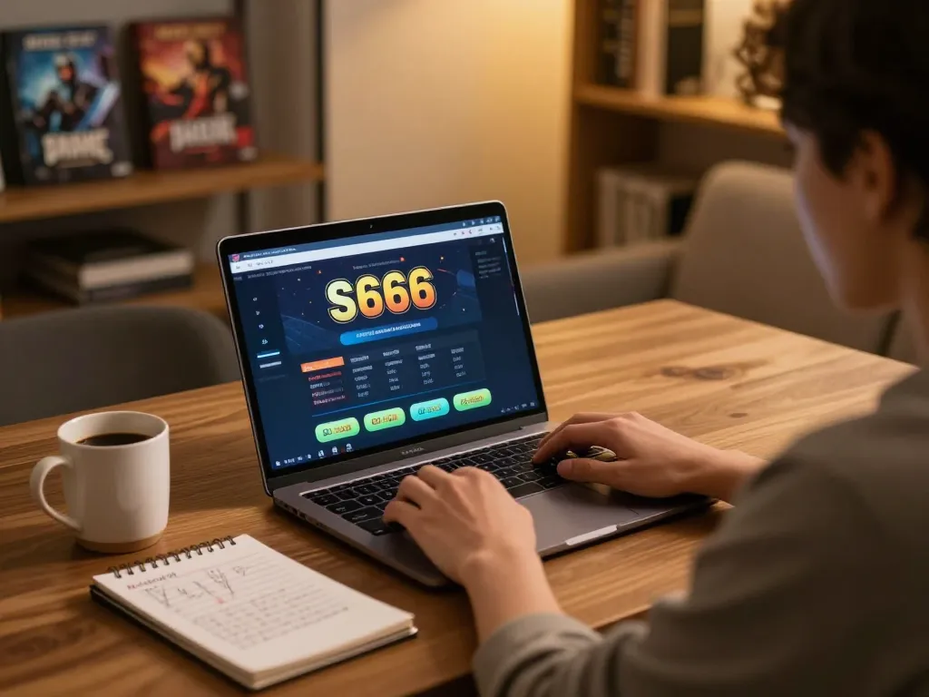 Player using S666-bm online casino platform with laptop and gaming notes in warm home setting.