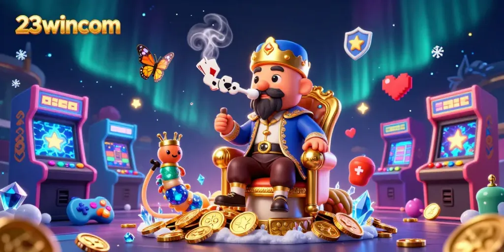 Experience thrilling gameplay with 23wincom's vibrant casino-themed 3D illustration featuring interactive gaming elements.