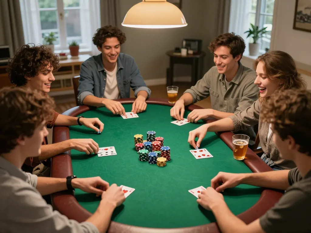 Friends playing game bài đổi thưởng at a poker night, showcasing chips and cards in an engaging atmosphere.