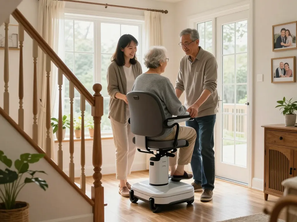 Senior citizen using a stairlift in a bright home setting for safe mobility.