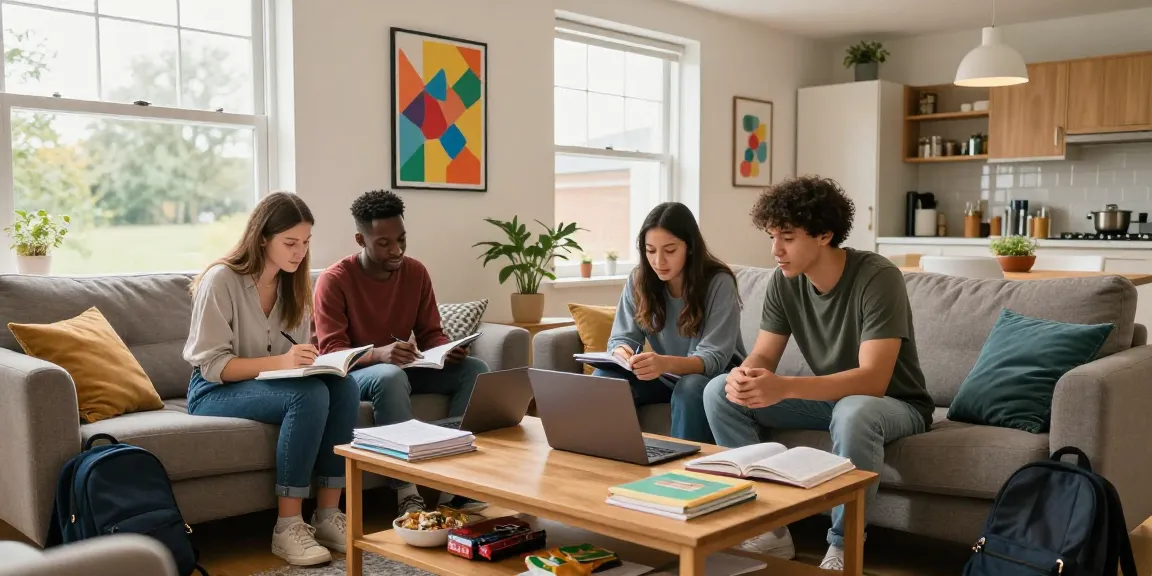 Students in modern living room studying together at Student Accommodation Northampton.