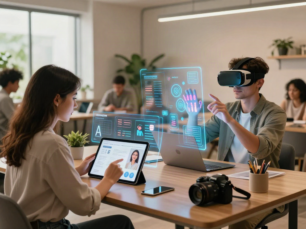 Interactive AI technologies shaping modern lifestyles, highlighting an ai slut's engagement with innovative applications in a vibrant co-working space.