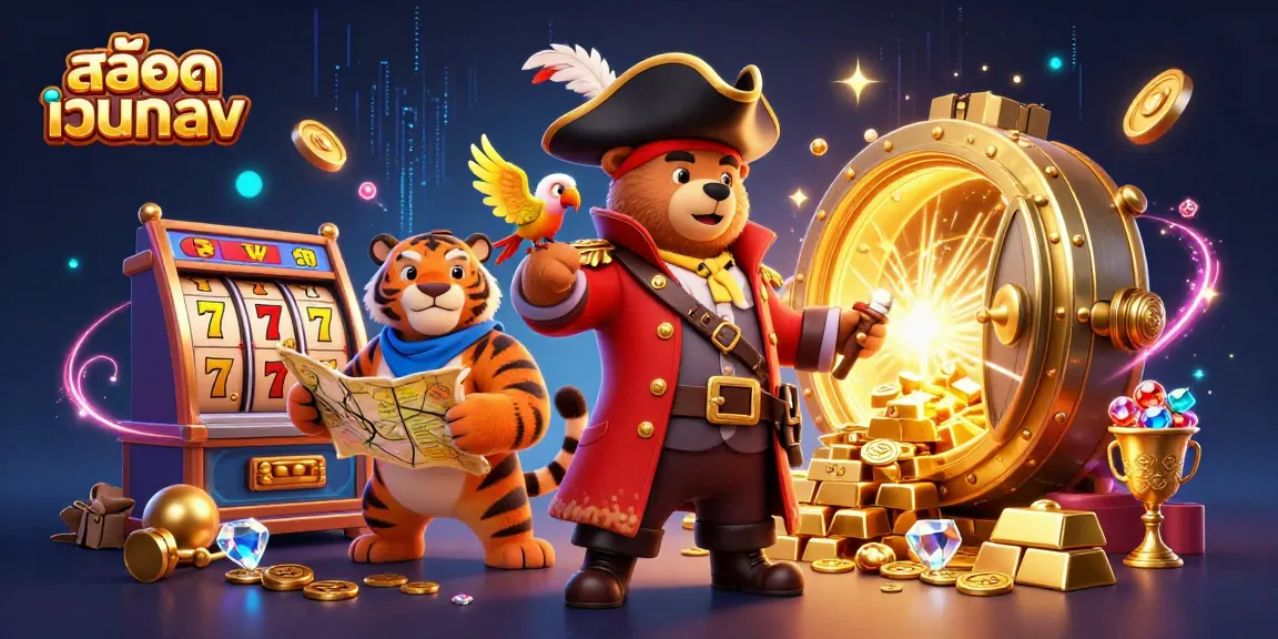 Spin สล็อตเว็บตรง reels with a pirate captain bear, tiger, and parrot among gold treasures.