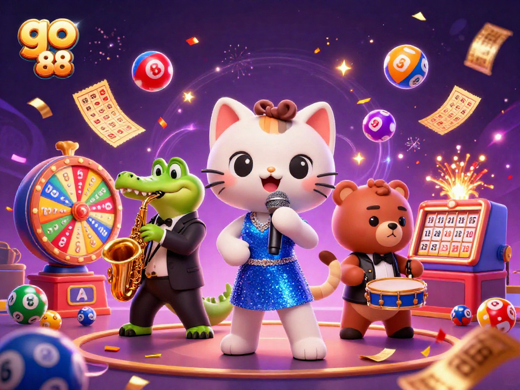 Engage with go 88's vibrant 3D casino illustration, featuring lively characters and dynamic lottery action.