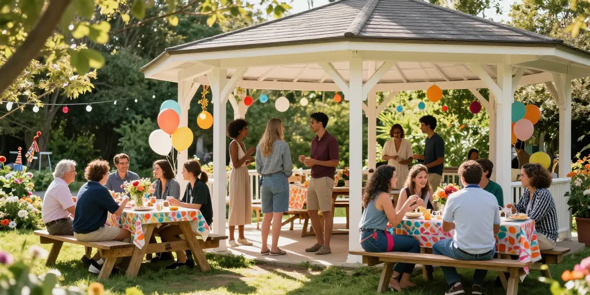 Outdoor gathering under a stylish gazebo hire London, showcasing a vibrant event atmosphere with friends enjoying a celebration.
