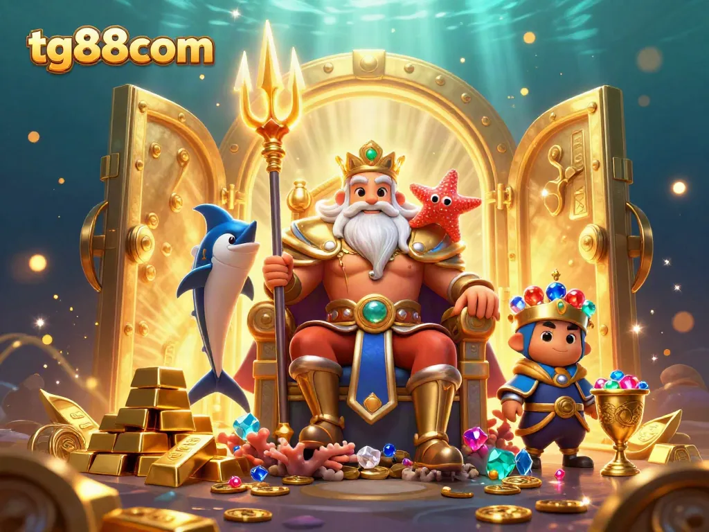 Engage with tg88com's thrilling games, illuminated by vibrant treasures in an underwater casino scene.