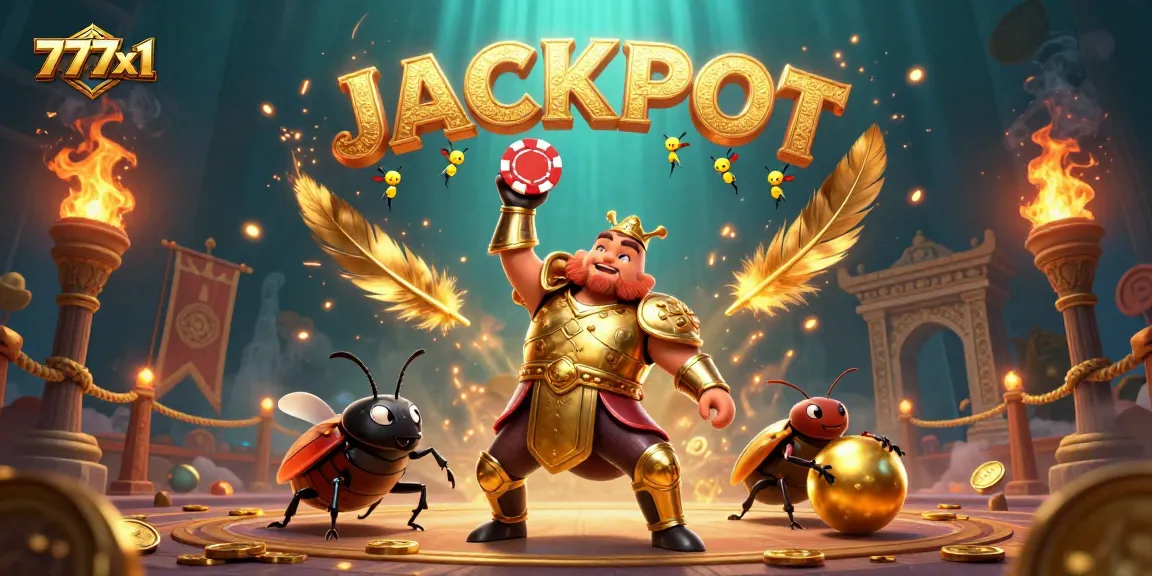 Experience exciting wins with the 777x1 jackpot scene featuring beetles and fireflies.