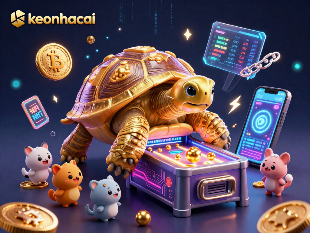 Experience keonhacai excitement with a cartoon tortoise pinball machine surrounded by vibrant crypto elements.