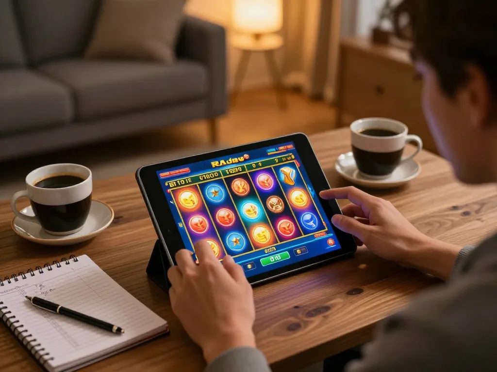 Player enjoying raja slot game on tablet at home with coffee and strategy notes visible