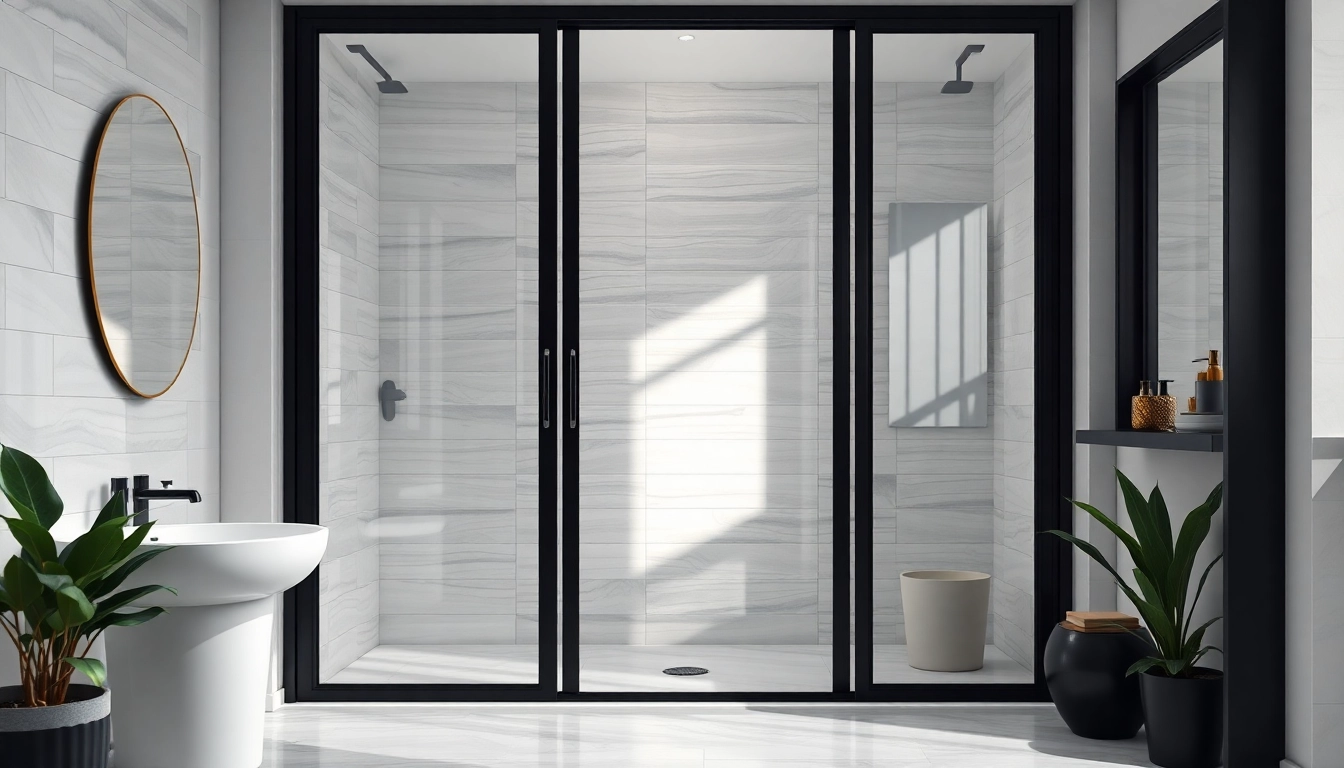 Admire the stylish black frame shower doors that enhance modern bathroom aesthetics.