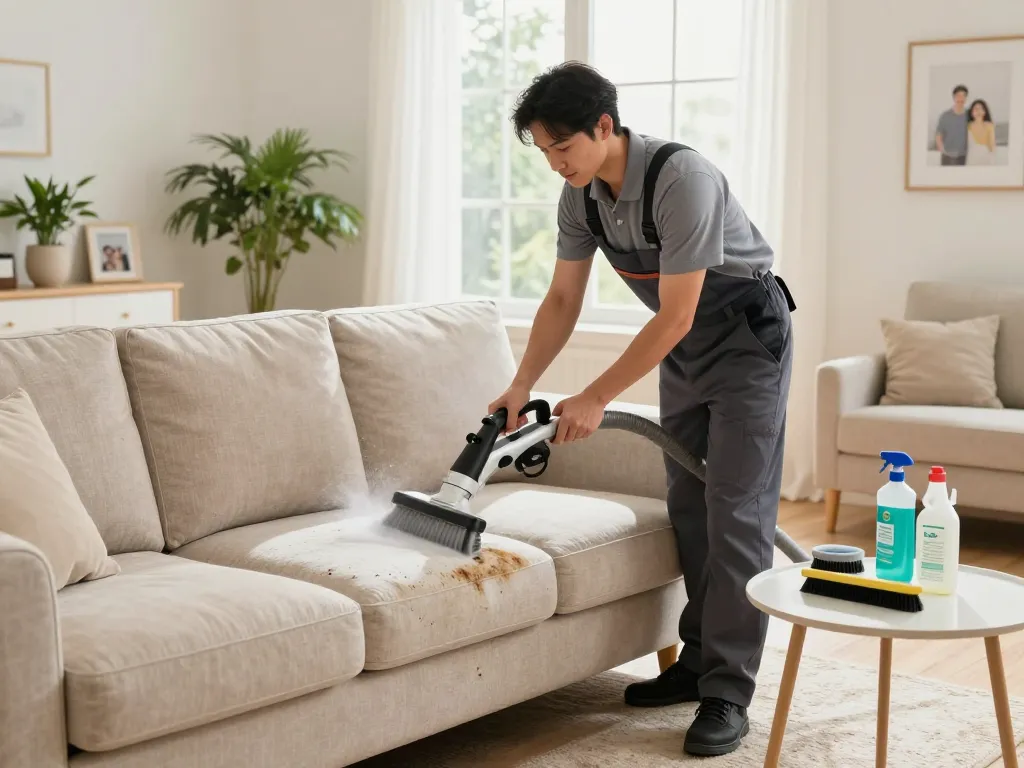 Professional upholstery cleaning process for homes showcased in Budget home care blogs.