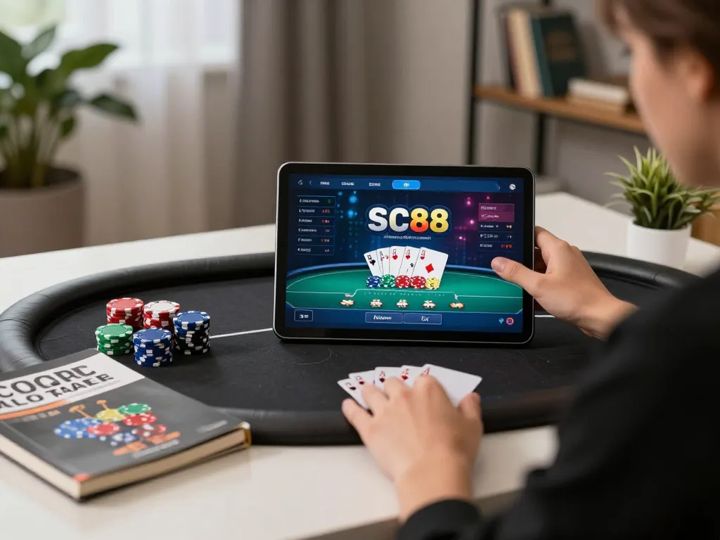 Engaging in SC88 poker gameplay at home with tablet display, chips and cards visible