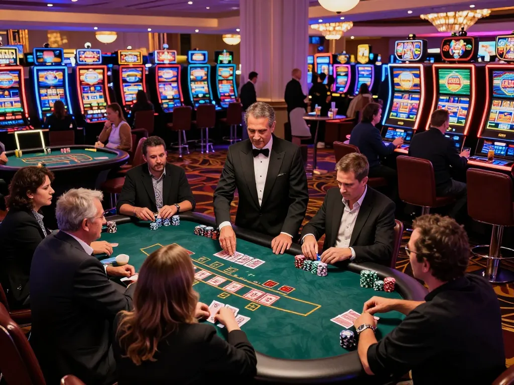 CM88 players engaged around a blackjack table with chips stacked, showcasing the casino atmosphere.