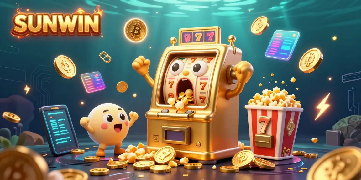 SUNWIN slot machine celebrating a jackpot win amid a vibrant casino scene with cheerful characters.